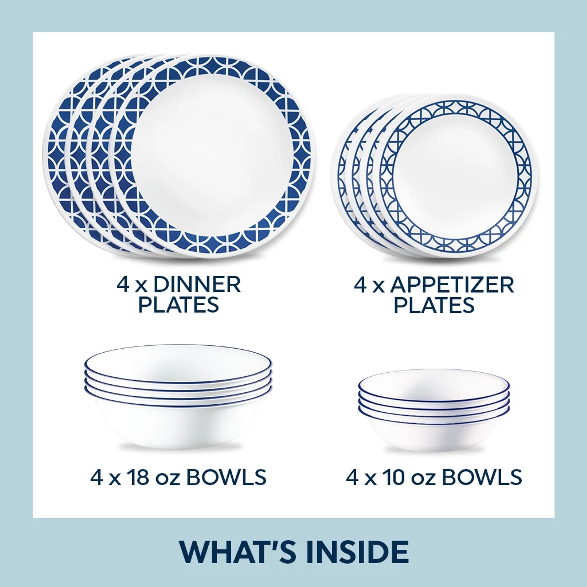 Corelle® Cobalt Circles 16-piece Mugless Dinnerware Set, Service of 4